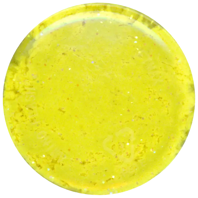 Rund, genomskinlig gul slime med inbäddat glitter och små stjärnformade konfetti. Mjuk, töjbar konsistens, perfekt för sensorisk lek eller stresslindring.