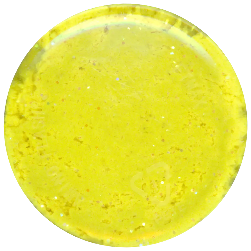Rund, gennemsigtig gul slim med indlejret glimmer og små stjerneformede konfetti. Blød, strækbar tekstur, ideel til sanseleg eller stressaflastning.