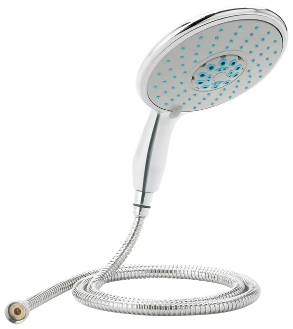 Håndholdt brusehoved med kromfinish, flere sprayindstillinger, blå dyser og fleksibel metalslange. Ergonomisk håndtag for komfortabelt greb. Nem at installere i moderne badeværelser.