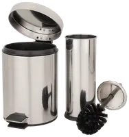 Sæt i rustfrit stål til badeværelset med pedalspand med låg, toiletbørsteholder og toiletbørste med sorte børster. Moderne, blankt design til nutidige badeværelser.
