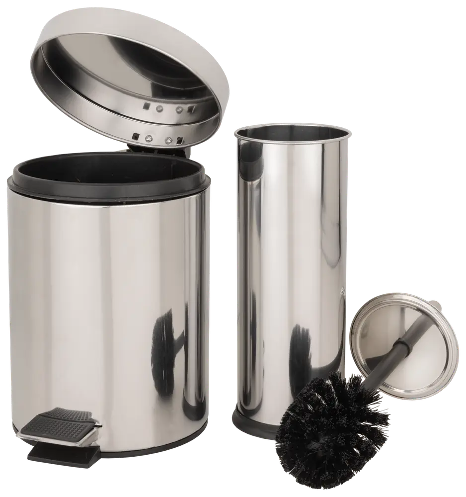 Sæt i rustfrit stål til badeværelset med pedalspand med låg, toiletbørsteholder og toiletbørste med sorte børster. Moderne, blankt design til nutidige badeværelser.