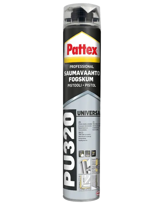 Pattex Professional PU-skumdåse til skumpistol, mærket Universal PU 320, sort og sølvfarvet patron med høj cylindrisk form.