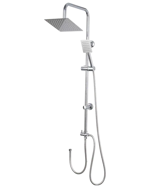 Moderne brusesystem i krom med firkantet regnbruser, justerbart håndbruserhoved og fleksibel slange. Elegant design, flere spraymuligheder og nem vægmontering til moderne badeværelser.