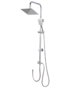 Moderne brusesystem i krom med firkantet regnbruser, justerbart håndbruserhoved og fleksibel slange. Elegant design, flere spraymuligheder og nem vægmontering til moderne badeværelser.