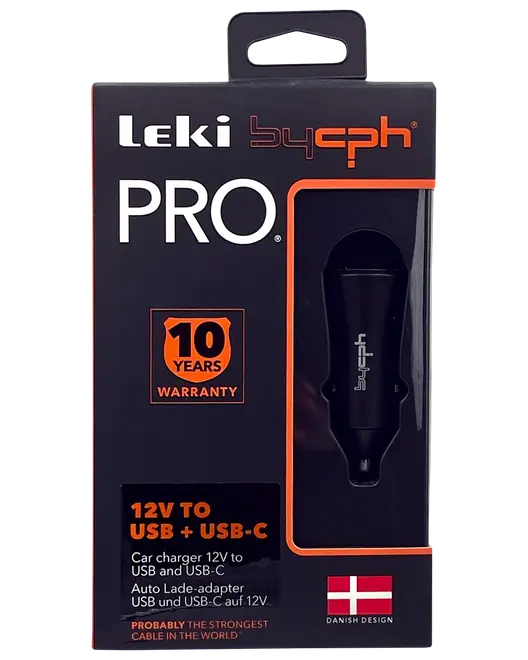 Leki bycph PRO biloplader, 12V til USB og USB-C, sort, 10 års garanti, dansk design, egnet til opladning af enheder i bilen, kompakt og holdbar emballage.