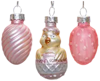 Sæt med tre vintage glasornamenter: to lyserøde æggeformede med mønstre og én kylling, der kommer ud af et æg, alle med sølvfarvede ophæng.