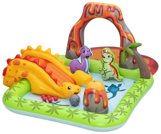 Oppustelig børnepool med dinosaurtema, rutsjebane, vulkanbue, palme og farverige dinosaurfigurer. Indeholder legebolde og livlige forhistoriske motiver. Velegnet til udendørs vandleg.