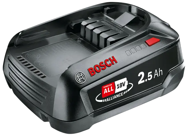 Bosch 18V 2.5Ah batterioplader i sort plast, med rød knap, LED-indikatorer og Power For All Alliance-logo. Kompakt design til ledningsfrie værktøjer.