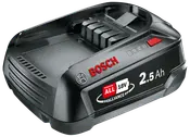 Bosch 18V 2.5Ah batterioplader i sort plast, med rød knap, LED-indikatorer og Power For All Alliance-logo. Kompakt design til ledningsfrie værktøjer.