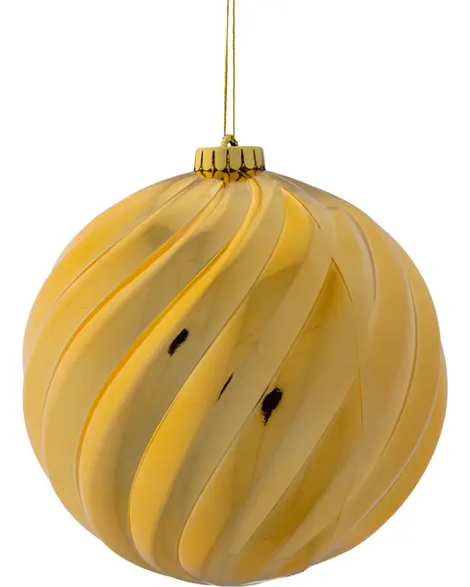 Guldkugle ophængt juleornament med snoet rillet spiraldesign og metallisk finish.
