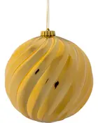 Guldkugle ophængt juleornament med snoet rillet spiraldesign og metallisk finish.