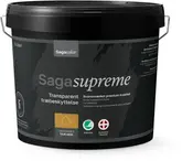 5 liters sort plastspand Sagacolor Saga Supreme transparent træbeskyttelse, til udendørs brug, premium kvalitet, miljømærket, med metalhank og detaljeret produktinformation på etiketten.