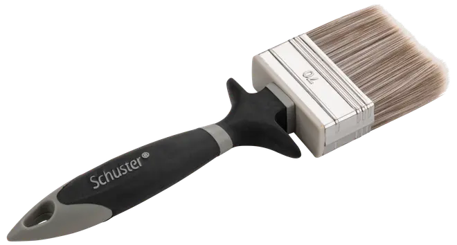 Bred pensel med syntetiske børster, sort og gråt ergonomisk håndtag med 'Schuster' mærke og metalbånd. Velegnet til store flader. Håndtaget har ophængshul.
