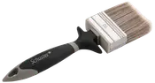 Bred pensel med syntetiske børster, sort og gråt ergonomisk håndtag med 'Schuster' mærke og metalbånd. Velegnet til store flader. Håndtaget har ophængshul.