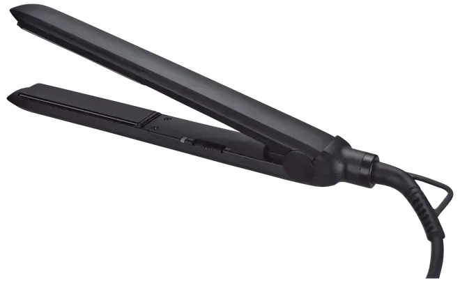 Sort glattejern med slanke keramiske plader, ergonomisk håndtag og drejeledning. Velegnet til at glatte eller krølle hår. Let og kompakt design, ideel til rejser.