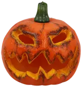 Halloweenpumpa-dekoration med skuren, taggig mun och ögon, orange yta med svarta detaljer och grön stjälk. Tillverkad av hållbart material för inomhus eller utomhus.