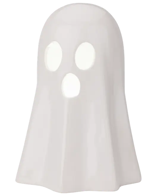 Vit keramikfigur formad som ett spöke med två ovala ögon och en rund mun. Slät, blank yta. Passar som Halloween-dekoration eller värmeljushållare.