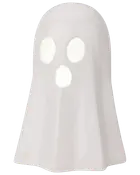 Vit keramikfigur formad som ett spöke med två ovala ögon och en rund mun. Slät, blank yta. Passar som Halloween-dekoration eller värmeljushållare.