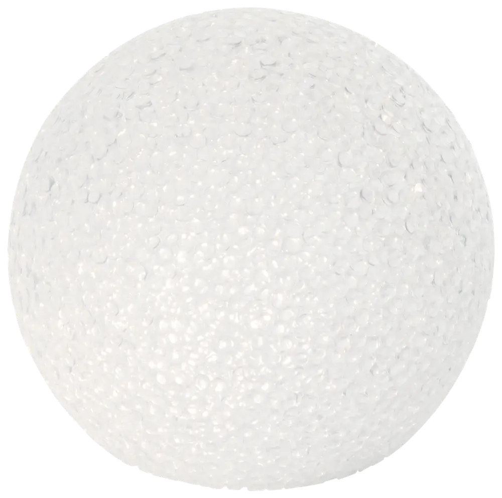 Vit polystyrenboll med texturerad yta, lätt och perfekt för pyssel, dekoration eller modellbygge. Slät, rund form, finns i olika storlekar för kreativa ändamål.