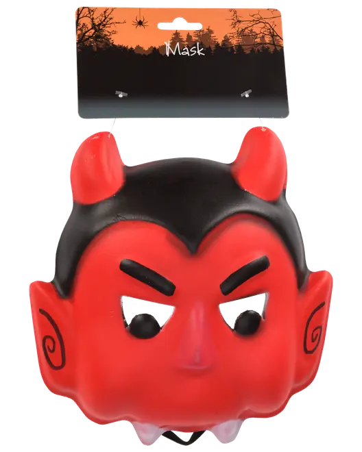 Plastmask i djävulsdesign med röda horn, svart ovandel och röda öron med svarta snirklar. Perfekt för Halloween eller maskerad. Elastiskt band för säker passform.