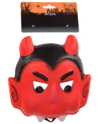 Plastmask i djävulsdesign med röda horn, svart ovandel och röda öron med svarta snirklar. Perfekt för Halloween eller maskerad. Elastiskt band för säker passform.