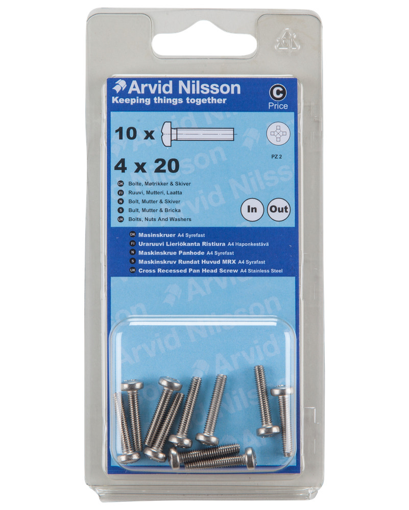 Arvid Nilsson Maskinskrue A4 PH M4 x 20 mm 10-pak