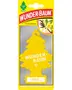 Gul, træformet luftfrisker med teksten 'Wunder-Baum Vanilj', vaniljeduft, pakket i klar plast med gul og rød branding, velegnet til bil eller små rum.