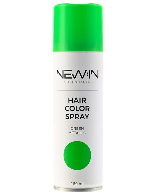 NEW:IN Copenhagen hårfarvespray, grøn metallic, 150 ml aerosoldåse med lysegrønt låg og hvid beholder.
