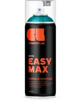 Sort 400 ml spraydåse med orange tekst, mærket 'Cosmos Lac Easy Max Satin'. Har gennemsigtigt plastlåg og lover overlegen dækning og drypfri teknologi.