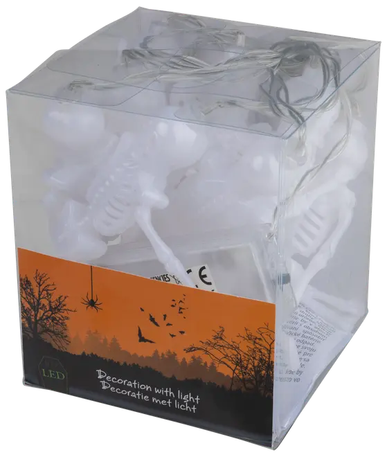 LED Halloween-dekoration med vita skelettljusslingor, förpackad i en klar box med läskiga orange och svarta motiv. Perfekt för festlig inomhus- eller utomhusbruk.