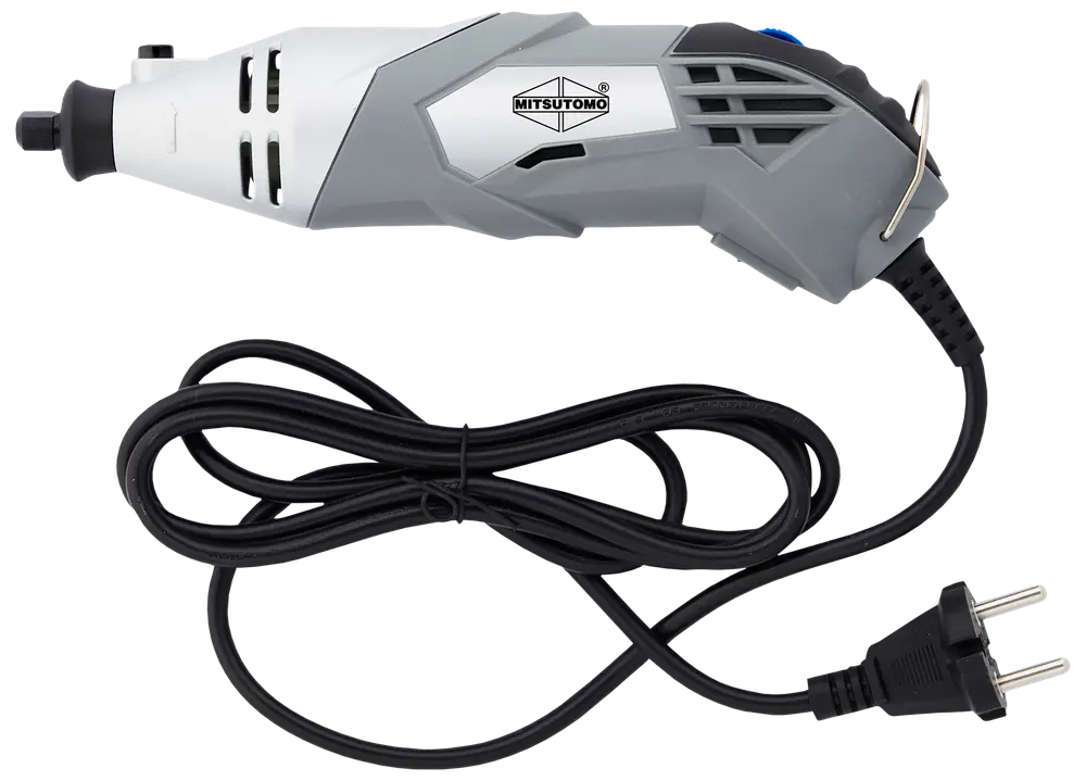 Elektrisk roterende værktøj fra Mitsutomo, ergonomisk grå og hvid krop, ventilationsåbninger, lang sort ledning og standard stik. Velegnet til slibning, polering og sandpapirarbejde.