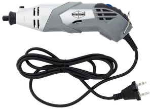 Elektrisk roterende værktøj fra Mitsutomo, ergonomisk grå og hvid krop, ventilationsåbninger, lang sort ledning og standard stik. Velegnet til slibning, polering og sandpapirarbejde.