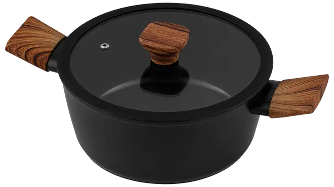 Sort gryde med glaslåg, trælook-håndtag og knop. Låget har en dampventil. Moderne og glat design, velegnet til forskellige komfurer.