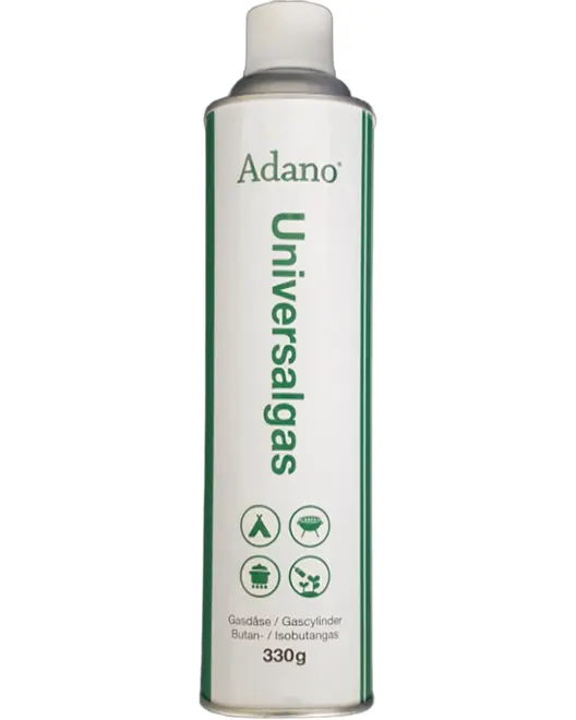 Adano Universalgas 330 g gasflaske med butan/isobutan i sølvfarvet dåse, grøn etiket og låg.