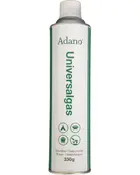 Adano Universalgas 330 g gasflaske med butan/isobutan i sølvfarvet dåse, grøn etiket og låg.