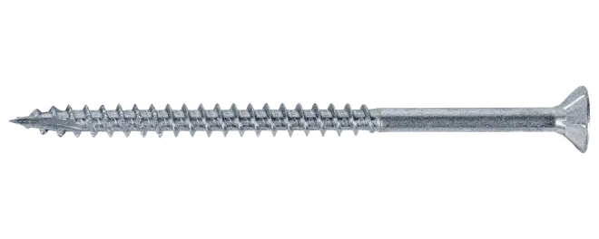 Sølvfarvet træskrue i metal med spids ende, dybe gevind og forsænket fladt hoved til sikker fastgørelse.