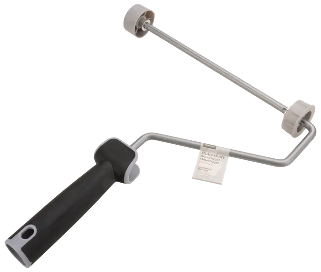 Malerrulleskaft med sort ergonomisk håndtag, metalstang og to grå plastender til montering af rulle. Passer til standard malerruller.