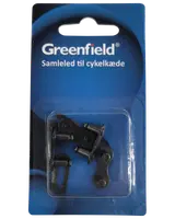 Greenfield samleled til cykelkæde i sort metal, pakket i klar plastblister på blå bagkort. Velegnet til reparation eller samling af cykelkæder.