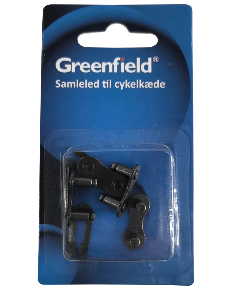Greenfield samleled til cykelkæde i sort metal, pakket i klar plastblister på blå bagkort. Velegnet til reparation eller samling af cykelkæder.
