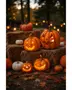 Udskårne halloween-græskar, der lyser på høballer, omgivet af mindre græskar, efterårsblade og varme lyskæder udendørs.