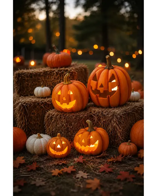 Udskårne halloween-græskar, der lyser på høballer, omgivet af mindre græskar, efterårsblade og varme lyskæder udendørs.