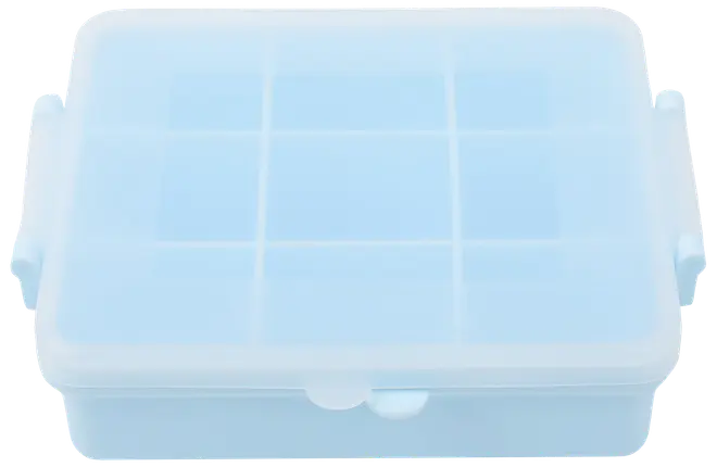 Lyseblå plastikopbevaringsboks med gennemsigtigt låg, otte indvendige rum og sikre sidelåse. Perfekt til organisering af småting som perler, smykker eller hobbyartikler.