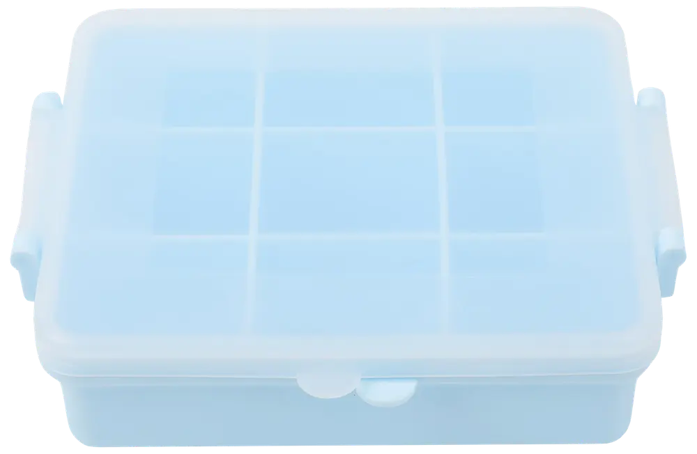 Ljusblå plastförvaringslåda med genomskinligt lock, åtta inre fack och säkra sidospännen. Perfekt för att organisera småsaker som pärlor, smycken eller pysselmaterial.
