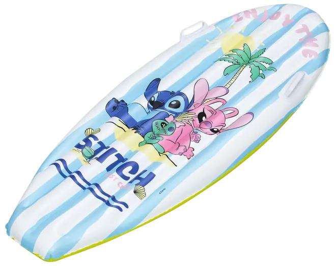 Børne-bodyboard med blå og hvide striber, motiv af Stitch og Angel figurer, palme og strand. Letvægts skumkonstruktion med håndgreb for nem transport.