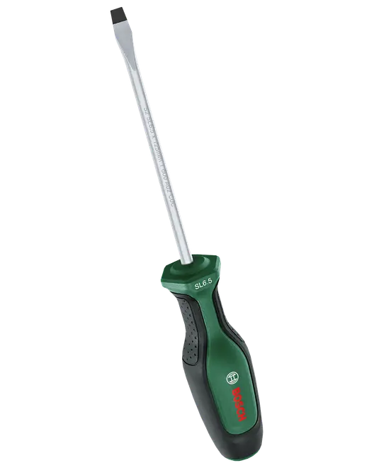 Grøn og sort Bosch skruetrækker med lige kærv, langt sølvfarvet skaft og ergonomisk greb.