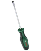 Grøn og sort Bosch skruetrækker med lige kærv, langt sølvfarvet skaft og ergonomisk greb.