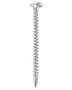 Silverfärgad metallskruv med platt, rundt huvud och djupa, vassa gängor längs skaftet. Phillips-fäste. Korrosionsbeständig yta för trä eller andra material.