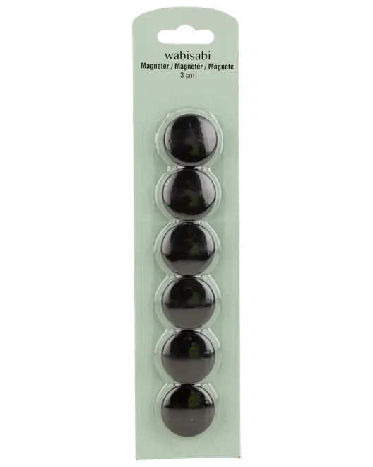 Förpackning med sex runda svarta magneter, 3 cm i diameter, i vertikal blisterförpackning med ljusgrön bakgrund. Passar för magnetiska ytor.