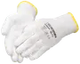 Par hvide arbejdshandsker med gule manchetter, sømløst strikdesign, trykt størrelse og mærke på håndryggen. Velegnet til let industrielt arbejde og generel håndtering.