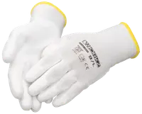 Par hvide arbejdshandsker med gule manchetter, sømløst strikdesign, trykt størrelse og mærke på håndryggen. Velegnet til let industrielt arbejde og generel håndtering.